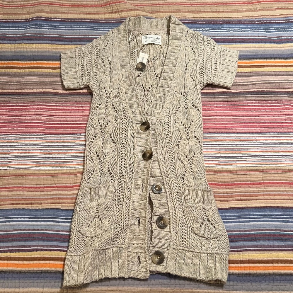 Aeropostale Tan Cable Knit Short Sleeve Cardigan Sweater Dress S P